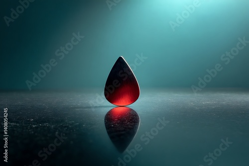 A single guitar pick glowing red against a dark blue background
