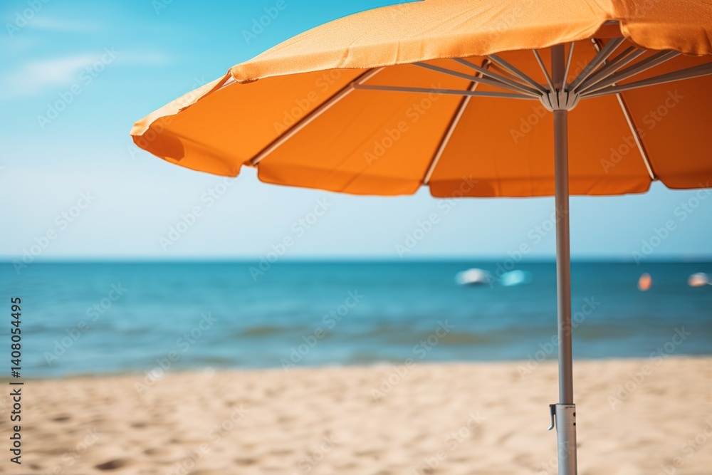 close up orange beach sun umbrella stands on beach with blue sea or ocean on blurred background, beach holiday advertising image with copy space close up orange beach sun umbrella stands on beach with blue sea or ocean on blurred background, beach holiday advertising image with copy space