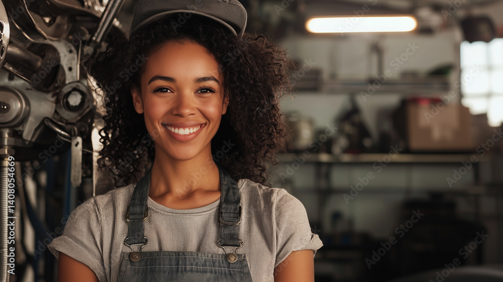 Stylish garage, woman mechanic smiling, cap tilt, car raised behind, overhead glow on chrome