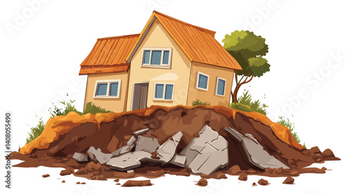 Modern Isolated House in Landslide Disaster - Vector Illustration