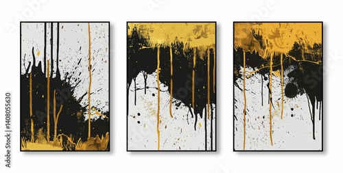 Fotografie Abstract triptych with black and gold drips.