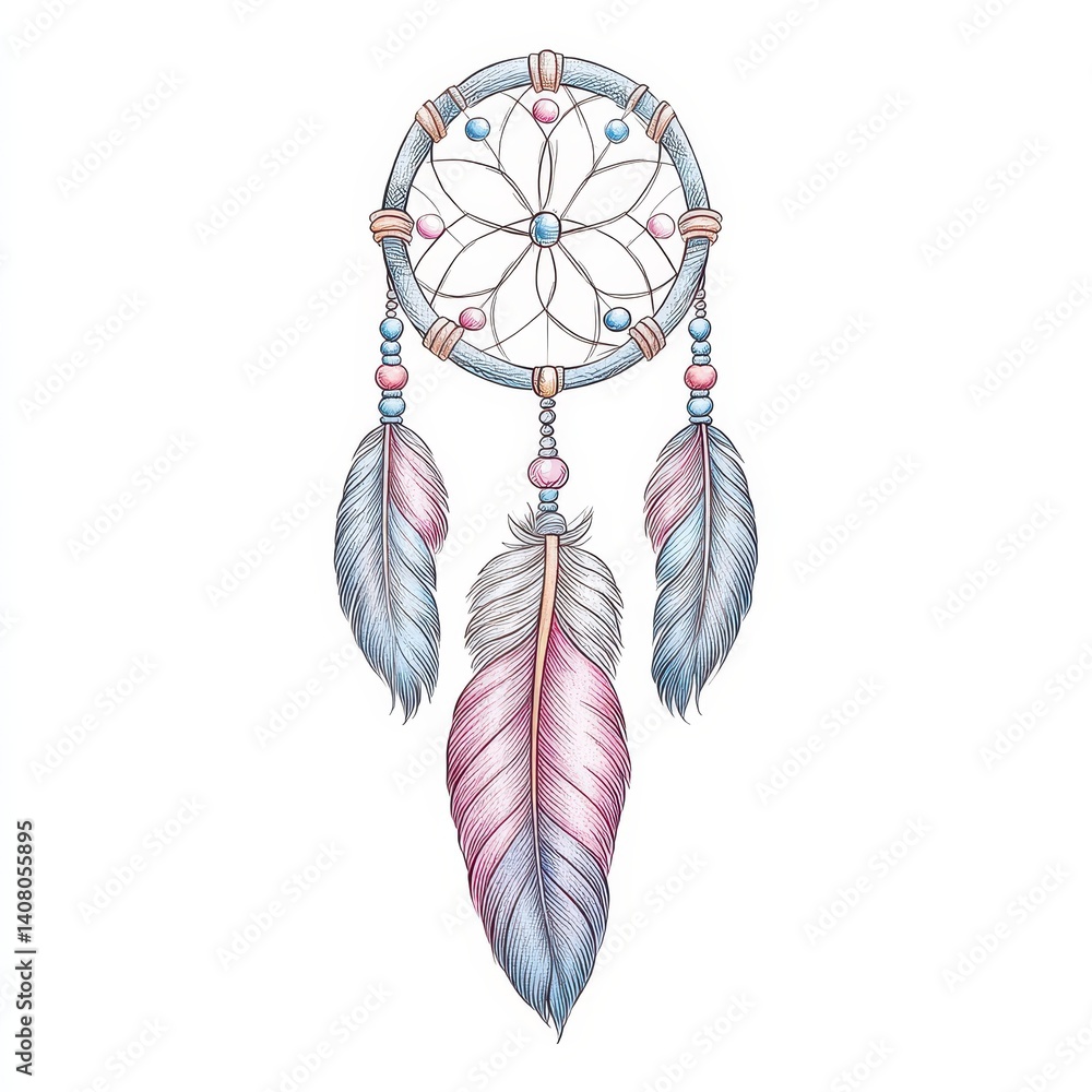 Obraz premium Watercolor Dreamcatcher with Pink and Blue Feathers and Beads