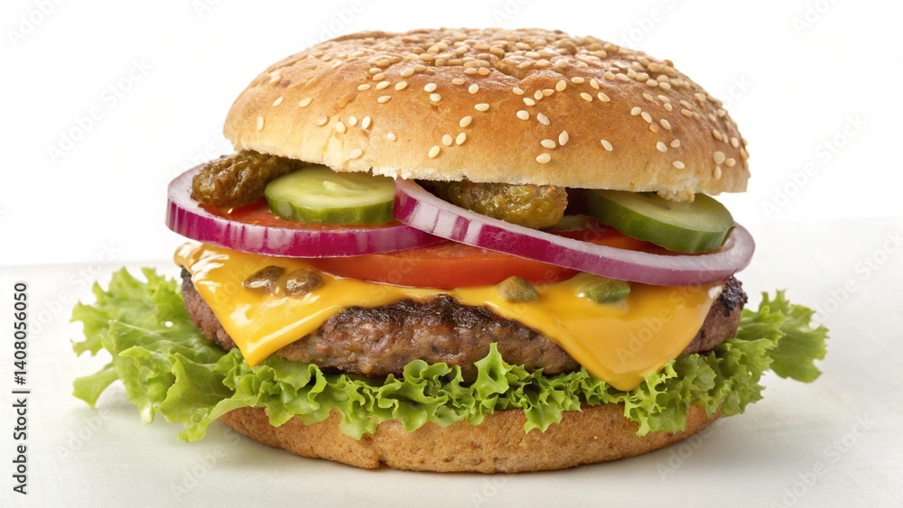 A cheeseburger with lettuce, tomato, onion, pickles, and cheese on a sesame seed bun isolated created with generated ai A cheeseburger with lettuce, tomato, onion, pickles, and cheese on a sesame seed bun isolated created with generated ai
