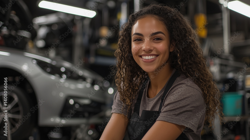 Garage scene, happy female tech lit by overheads, arm on bench, silver car up on lift