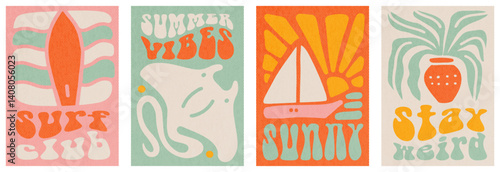Abstract groovy sea beach posters set. Trendy typography cover arts with summer hippie design in pastel colors. Matisse-inspired holiday paintings. Decorative contemporary elements. Vector naive art