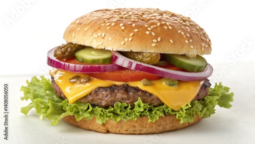 A cheeseburger with lettuce, tomato, onion, pickles, and cheese on a sesame seed bun isolated created with generated ai
