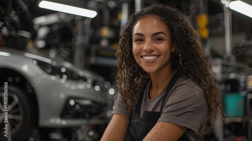 Garage scene, happy female tech lit by overheads, arm on bench, silver car up on lift