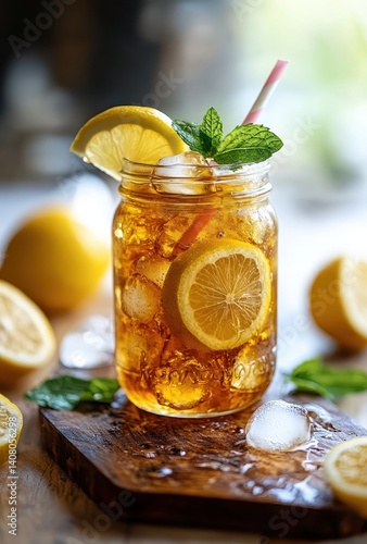 Refreshing Iced Tea with Lemon Slices and Mint Garnish in a Mason Jar on a Wooden Surface with Fresh Lemons and Ice Cubes