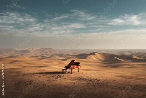 A solitary grand piano stands alone in a vast desert landscape, under a clear blue sky, a breathtaking scene of solitude and musical inspiration