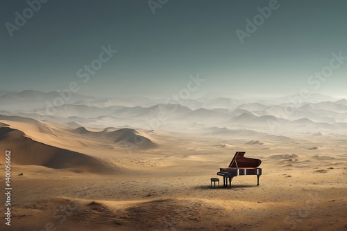 A grand piano stands alone in a vast, hazy desert landscape, creating a surreal and evocative scene.