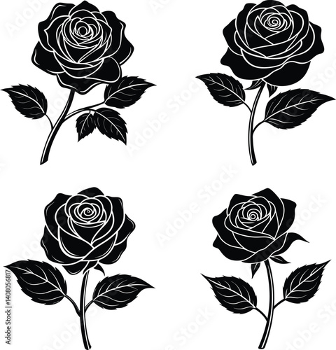 A Simple Black Silhouette Of A Blooming Rose With Details  