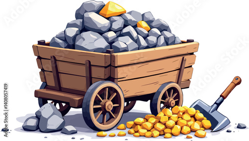 Wooden cart carrying rocks and gold nuggets with shovel on white background