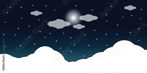 Night starry sky with full moon and cloud. Vector background with cloudy sky, moonlight A night sky with stars and a full glowing moon. Fluffy clouds on the starry sky.eps10