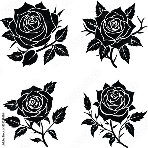 Wallpaper Mural Minimalist Silhouette Of A Rose With Leaves And Thorns   Torontodigital.ca