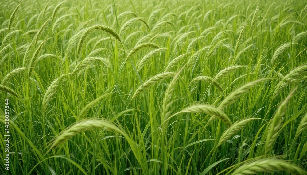 Lush Green Grass Field with Delicate Seed Heads Under Bright Natural Light in Springtime Lush Green Grass Field with Delicate Seed Heads Under Bright Natural Light in Springtime
