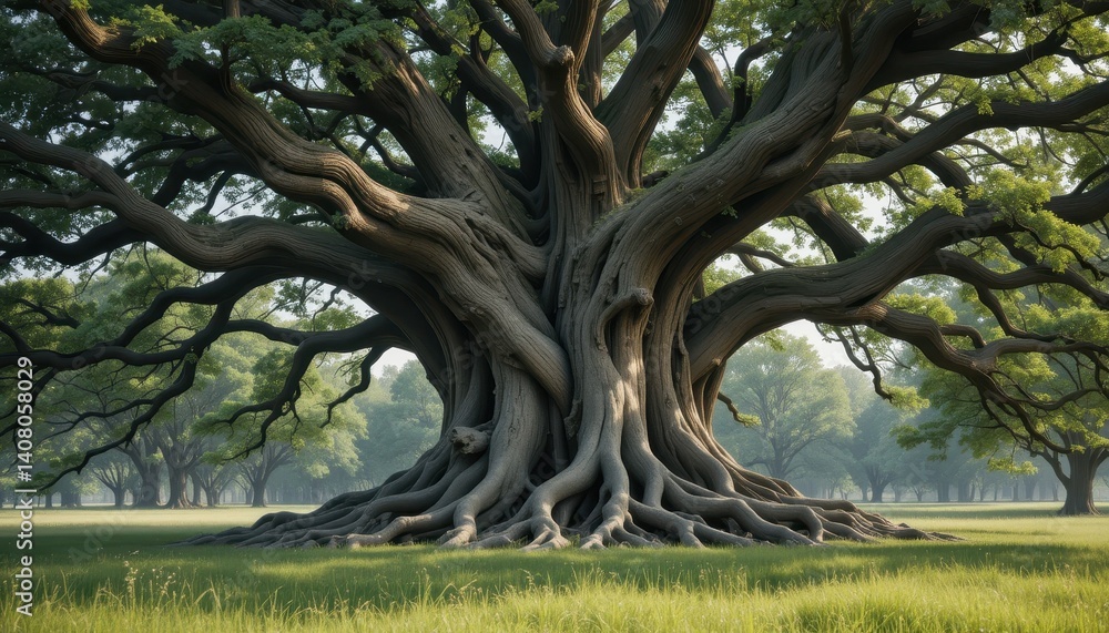 Majestic Ancient Tree with Exposed Roots in a Lush Green Landscape Under Soft Morning Light Majestic Ancient Tree with Exposed Roots in a Lush Green Landscape Under Soft Morning Light