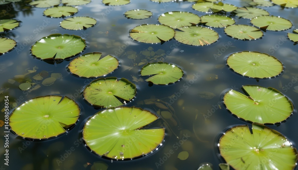 Tranquil Scene of Floating Lily Pads on Calm Water Surface Under Bright Daylight Tranquil Scene of Floating Lily Pads on Calm Water Surface Under Bright Daylight