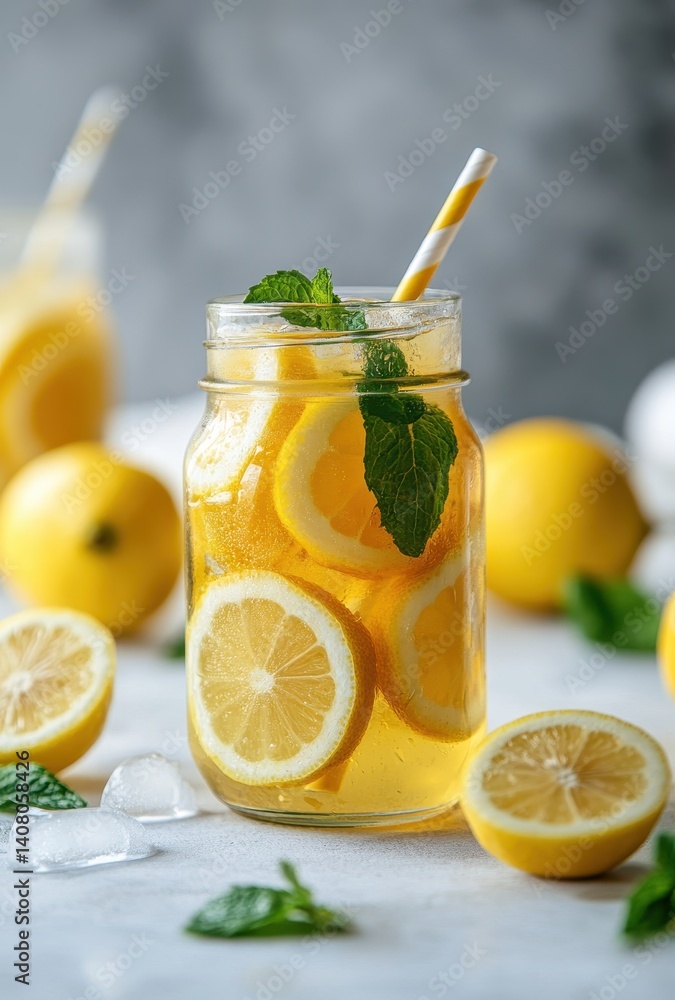Fototapeta premium Refreshing Lemonade Drink with Mint Leaves, Slices of Lemon, and Ice on a Light Background for Summer Beverage or Healthy Lifestyle