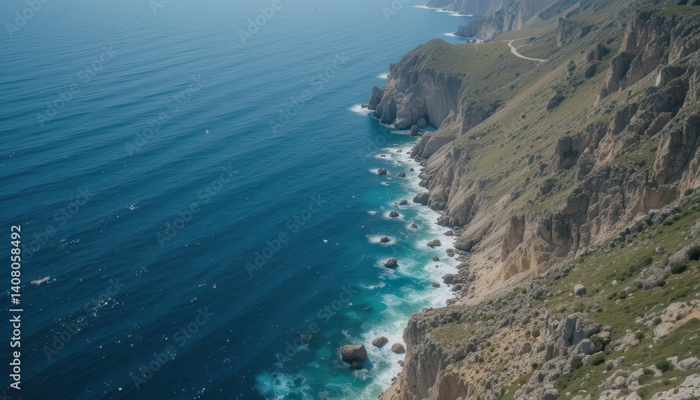 Scenic Coastal View with Cliffs and Blue Ocean Waves Under Clear Sky on a Sunny Day Scenic Coastal View with Cliffs and Blue Ocean Waves Under Clear Sky on a Sunny Day