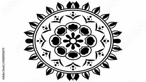 A symmetrical floral mandala with intricate details in black and white design elements and circular patterns created with generated ai