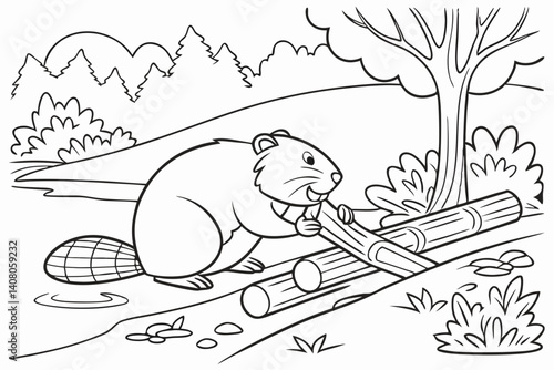 Coloring Pages, a busy beaver building a dam with logs, uncolored, black and white