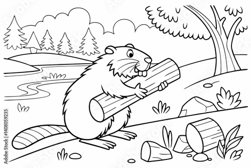Coloring Pages, a busy beaver building a dam with logs, uncolored, black and white