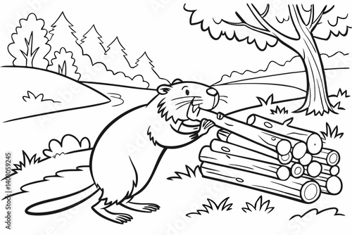 Coloring Pages, a busy beaver building a dam with logs, uncolored, black and white