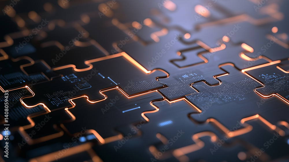 Digital puzzle parts with code align in glowing cyber matrix, sleek cloud integration
