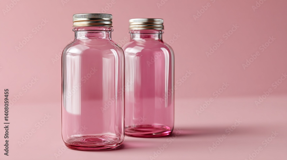 Elegant Empty Glass Bottles on a Pink Background: Modern Design and Packaging Inspiration Elegant Empty Glass Bottles on a Pink Background: Modern Design and Packaging Inspiration