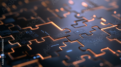 Obraz na płótnie Digital puzzle parts with code align in glowing cyber matrix, sleek cloud integration w salonie