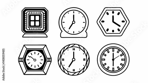 Illustration showing a computer chip and an assortment of different clock and watch designs in black and white created with generated ai
