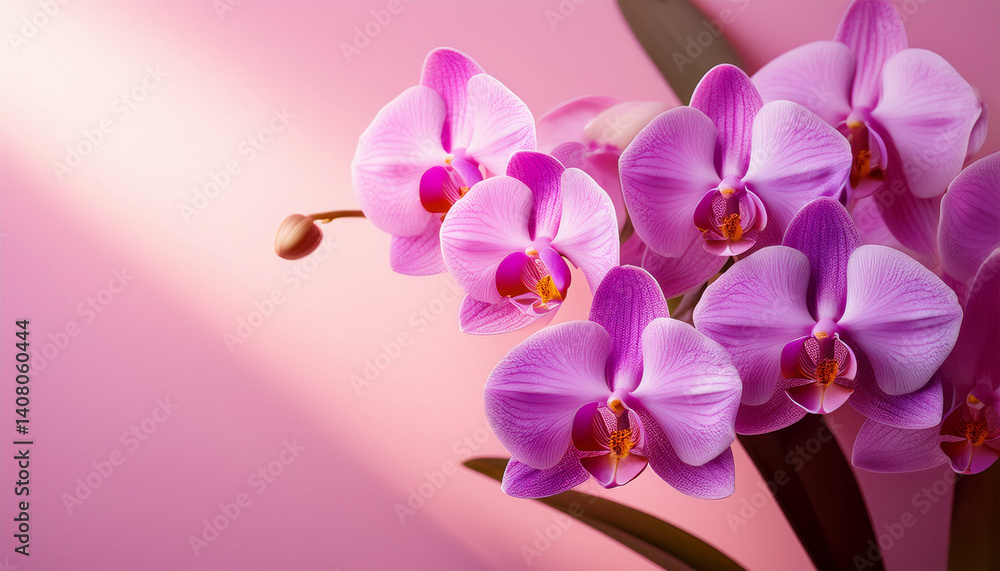 Naklejka premium purple orchid in sunlight on pink background
