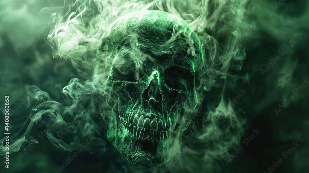 Obraz premium Ethereal Skull in Emerald Smoke: A Ghoulish Digital Art