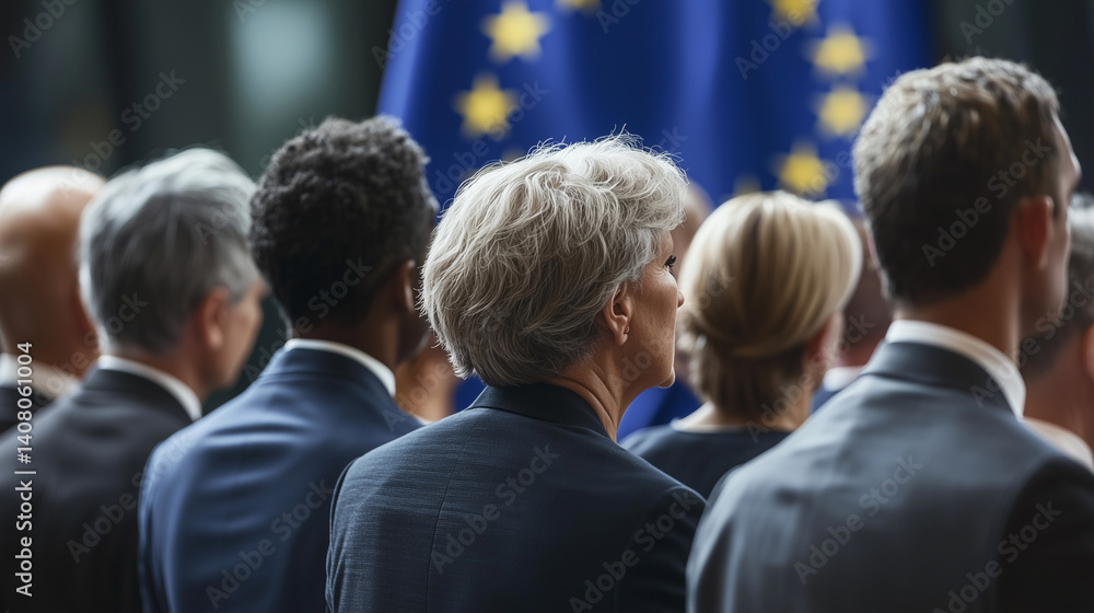 Group of anonymous politicians, EU flag front and center, unity in posture