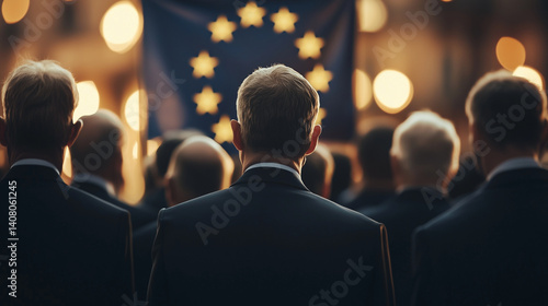 Obraz na płótnie Blurred officials in line, staring at glowing EU flag, symbolizing shared vision w salonie
