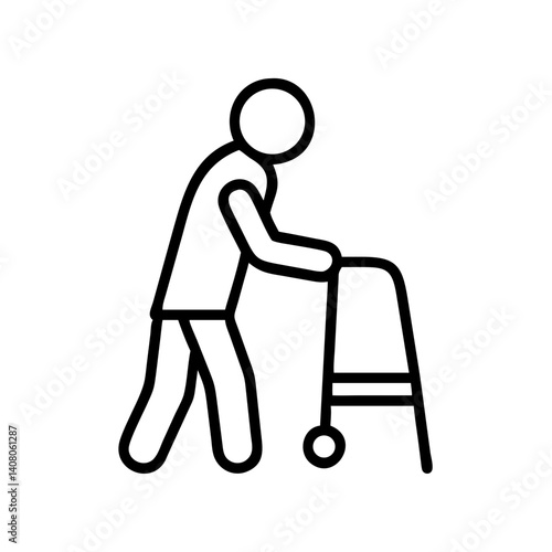 Elderly person using walker icon in black outline