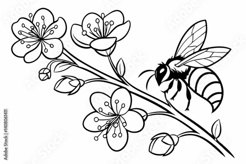 Coloring Pages, a buzzing bee collecting nectar from a flower, uncolored, black and white