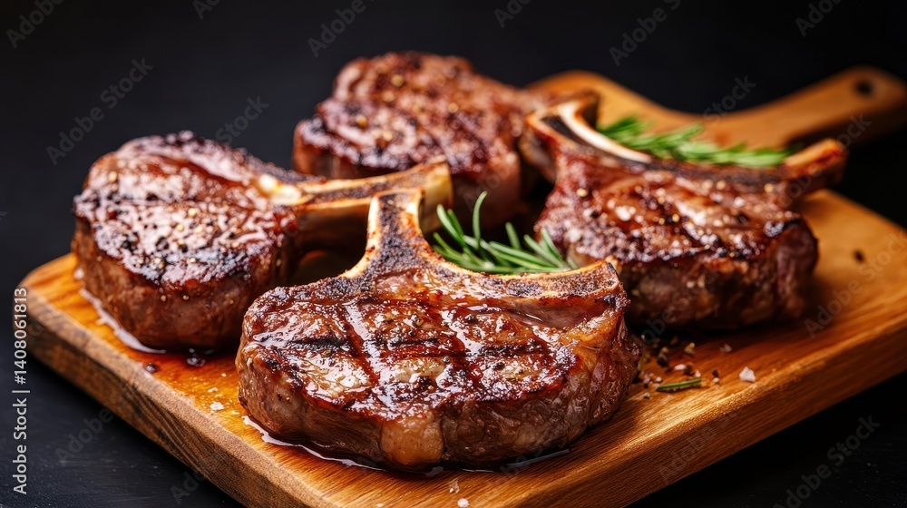 Grilled lamb chops garnished with rosemary on a wooden cutting board, showcasing a rich glaze Grilled lamb chops garnished with rosemary on a wooden cutting board, showcasing a rich glaze