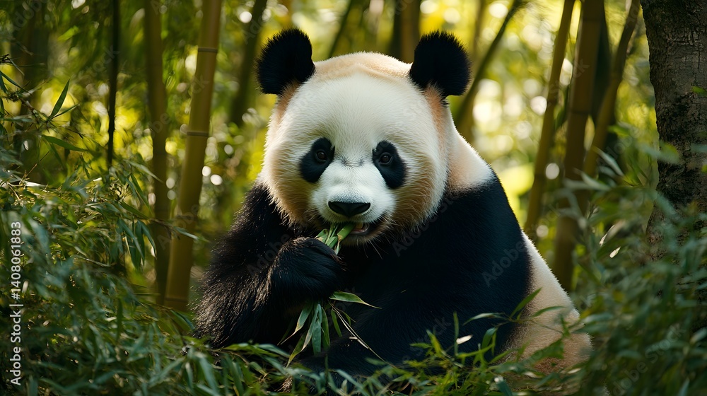 Obraz premium Giant Panda Eating Bamboo: A majestic giant panda, with its characteristic black and white fur, sits amidst a lush bamboo forest, contentedly munching on fresh bamboo shoots.