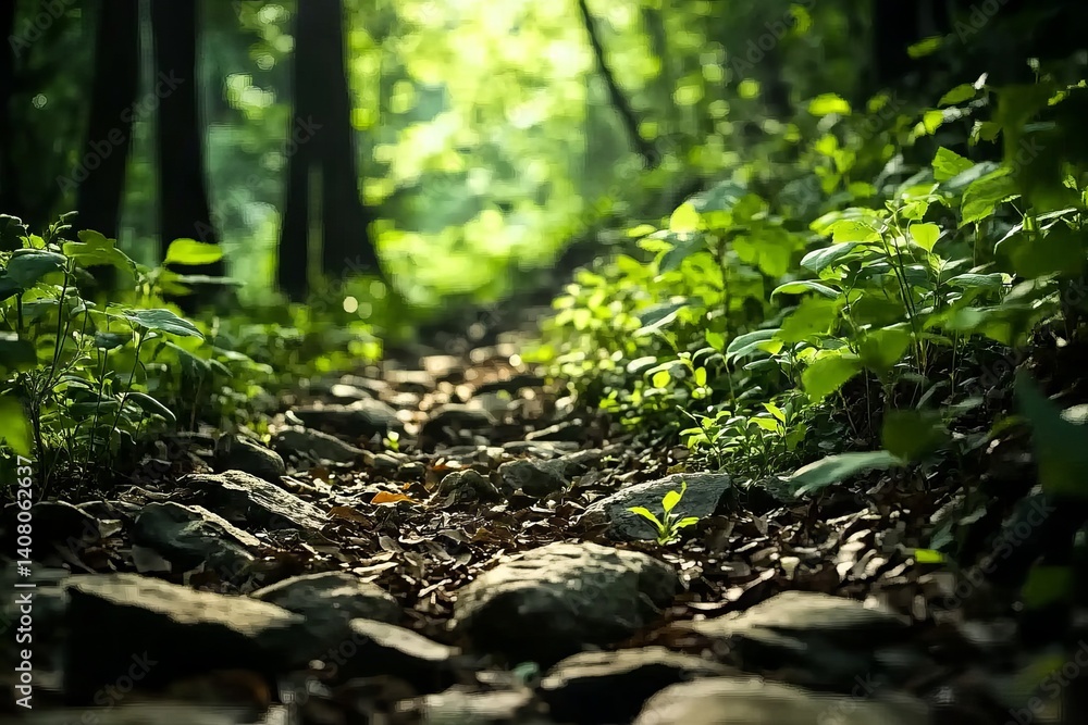 A close-up of the rocky path leading through a dense forest, with lush green foliage and sunlight filtering down from above. The focus is on the small plants growing along the side paths, A close-up of the rocky path leading through a dense forest, with lush green foliage and sunlight filtering down from above. The focus is on the small plants growing along the side paths,
