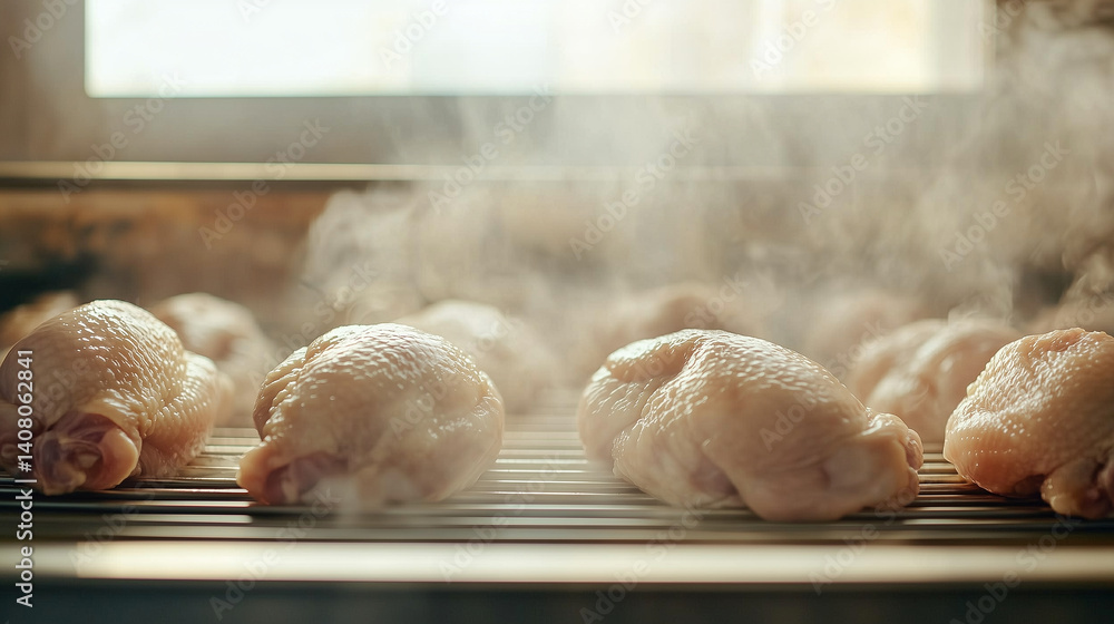 High-res shot of raw chicken on conveyor, automated sanitization system ensuring hygiene