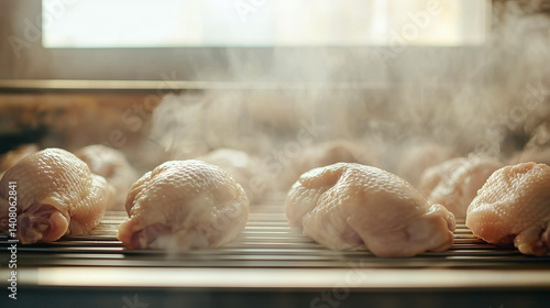 Obraz na płótnie High-res shot of raw chicken on conveyor, automated sanitization system ensuring hygiene w salonie