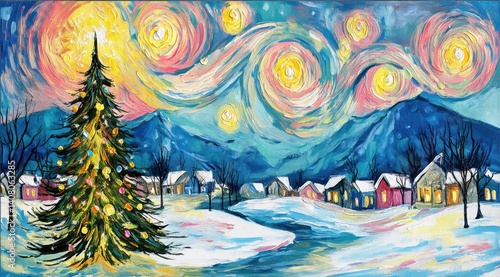 Artistic christmas holiday illustration of an xmas tree, peaceful winter night, cozy houses, snowflakes, and glowing decorations