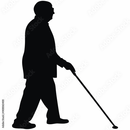 Silhouette of blind man walking with white cane