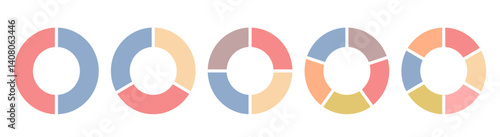 Set of blue pie chart icons. Circular segment and slice graphics showing 1 to 6 divisions. Ring-style percentage diagrams, wheel segments, and fractional infographics isolated on transparent backgroun