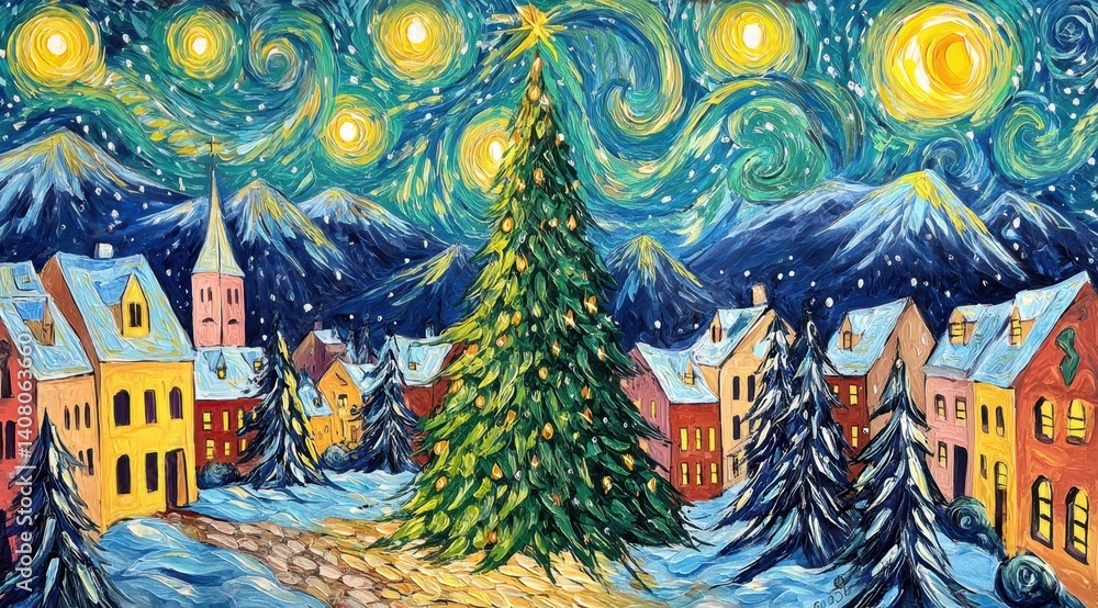 Obraz premium Christmas tree and village at night with starry sky and festive lights, impressionist winter landscape illustration