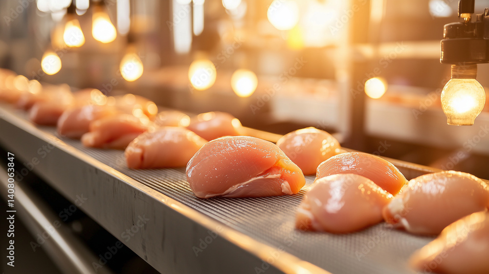 Raw chicken fillets on steel belt, bright lighting reflects hygiene and precision in processing