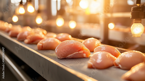 Obraz na płótnie Raw chicken fillets on steel belt, bright lighting reflects hygiene and precision in processing w salonie