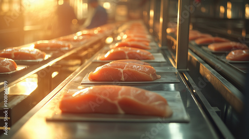 Raw chicken fillets on stainless conveyor, industrial lighting accentuates cleanliness and order
