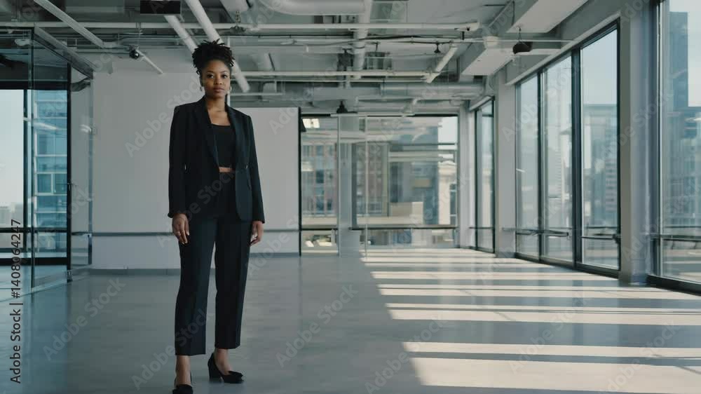 Confident businesswoman standing in bright modern office with large windows and skyline views, wearing stylish blazer and trousers, professional and determined. Confident businesswoman standing in bright modern office with large windows and skyline views, wearing stylish blazer and trousers, professional and determined.